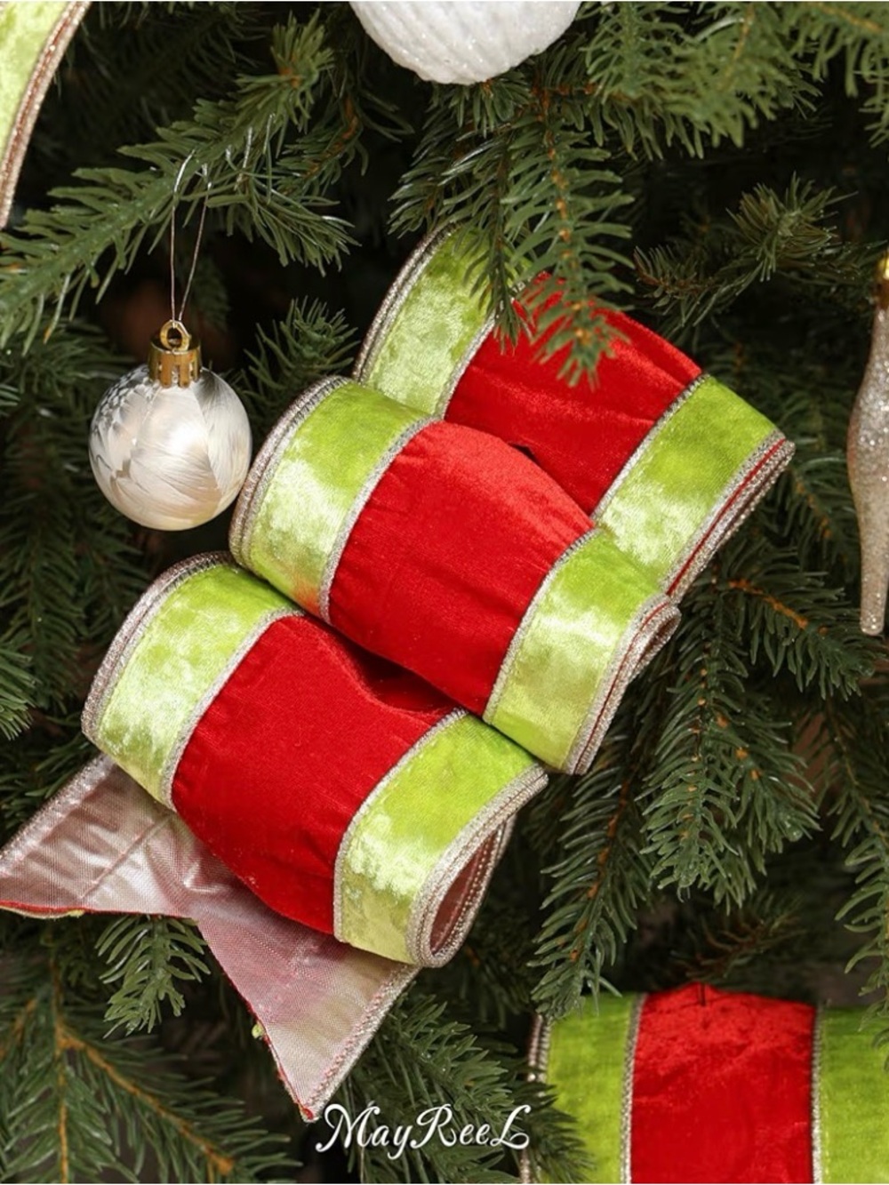 Holiday Velvet Ribbon in Red and Lime Green - Picture 4 of 11